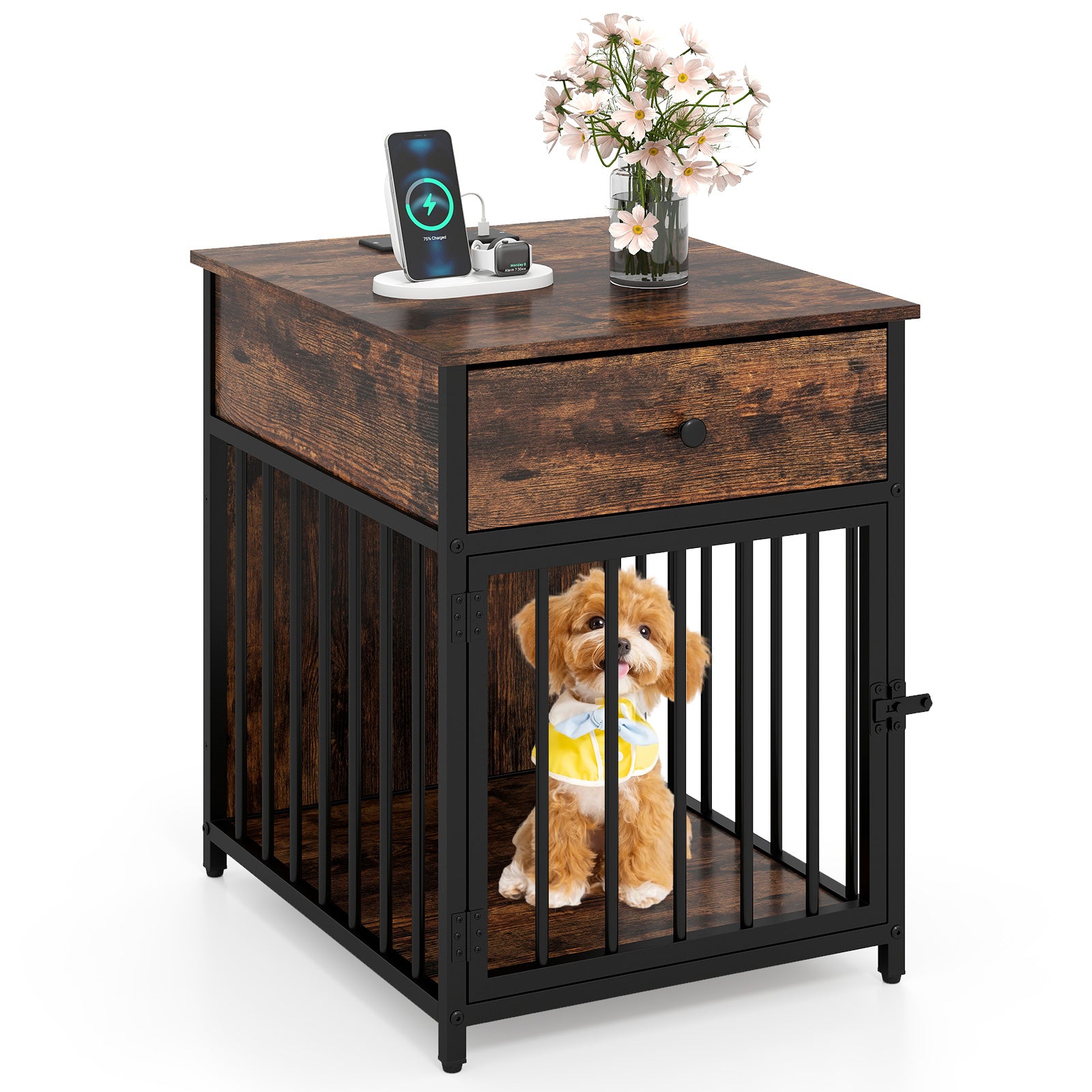 Dog Crate Furniture for Small Dogs Wooden Puppy Kennel with Charging S