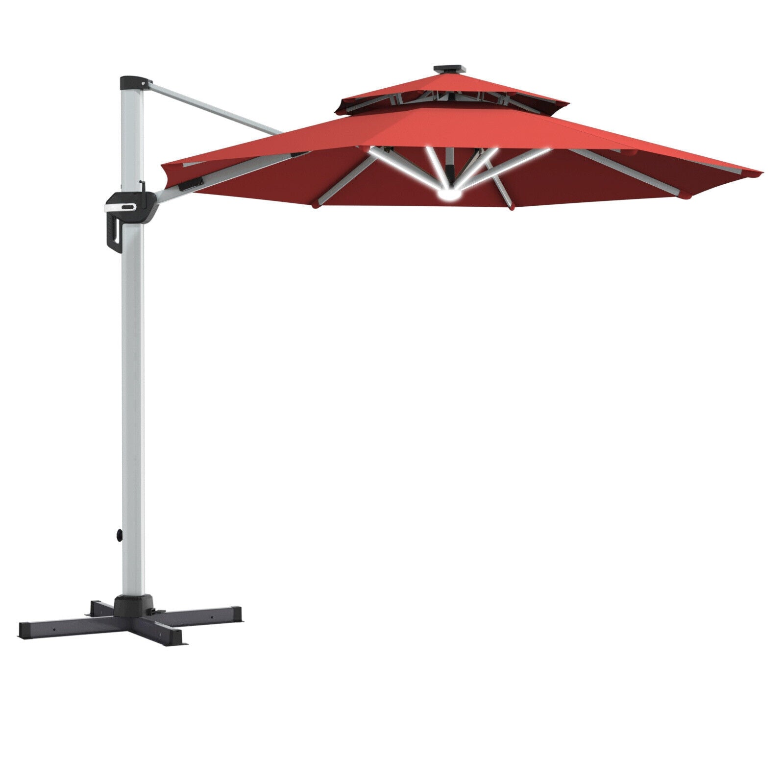 10ft solar patio offset umbrella burgundy 10 Feet 360° Rotation Aluminum Solar LED Patio Cantilever Umbrella wit