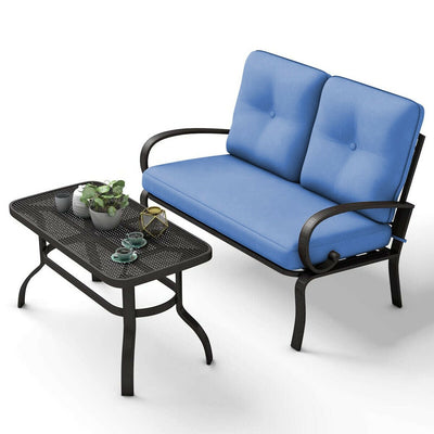 2 Pcs Patio Outdoor Cushioned Coffee Table Seat-Blue - Relaxacare