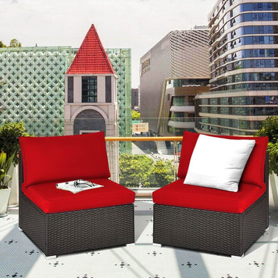 2 Pieces Patio Rattan Armless Sofa Set with 2 Cushions and 2 Pillows-Red - Relaxacare