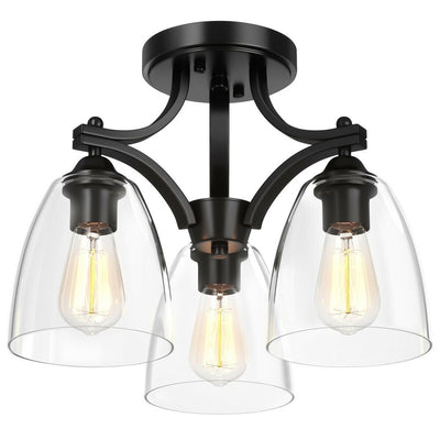 3-Light Semi Flush Mount Ceiling Light with Vintage Clear Glass Pendant - Relaxacare