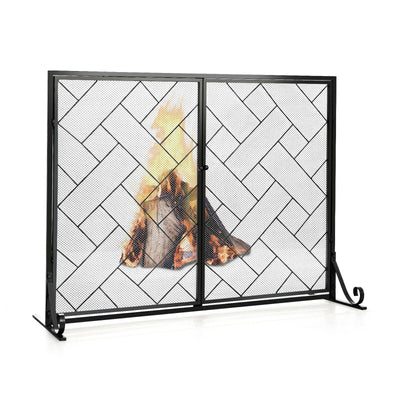 3-Panel Folding Wrought Iron Fireplace Screen with Doors and 4 Pieces Tools Set-Black - Relaxacare