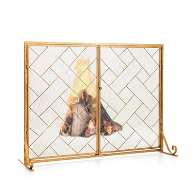 3-Panel Folding Wrought Iron Fireplace Screen with Doors and 4 Pieces Tools Set-Golden - Relaxacare