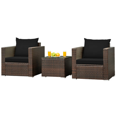 3 Pcs Patio Conversation Rattan Furniture Set with Cushion-Black - Relaxacare