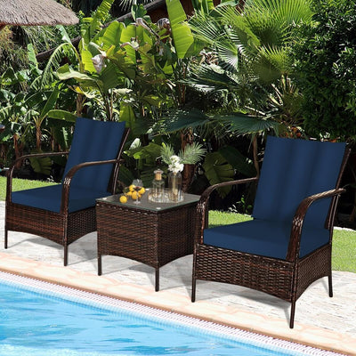 3 Pcs Patio Conversation Rattan Furniture Set with Glass Top Coffee Table and Cushions-Navy - Relaxacare