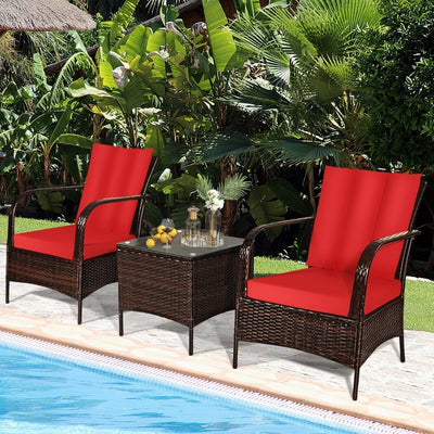 3 Pcs Patio Conversation Rattan Furniture Set with Glass Top Coffee Table and Cushions-Red - Relaxacare