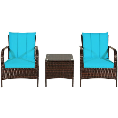 3 Pcs Patio Conversation Rattan Furniture Set with Glass Top Coffee Table and Cushions-Turquoise - Relaxacare