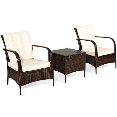 3 Pcs Patio Conversation Rattan Furniture Set with Glass Top Coffee Table and Cushions-White - Relaxacare