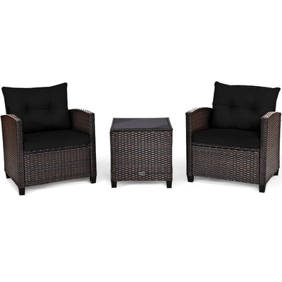 3 Pcs Patio Rattan Furniture Set Cushioned Conversation Set Coffee Table -Black - Relaxacare