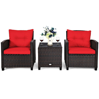 3 Pcs Patio Rattan Furniture Set Cushioned Conversation Set Coffee Table-Red - Relaxacare