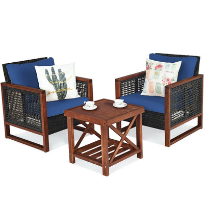 3 Pcs Patio Wicker Furniture Sofa Set with Wooden Frame and Cushion-Navy - Relaxacare