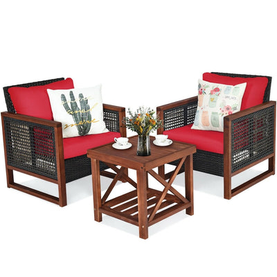 3 Pcs Patio Wicker Furniture Sofa Set with Wooden Frame and Cushion-Red - Relaxacare