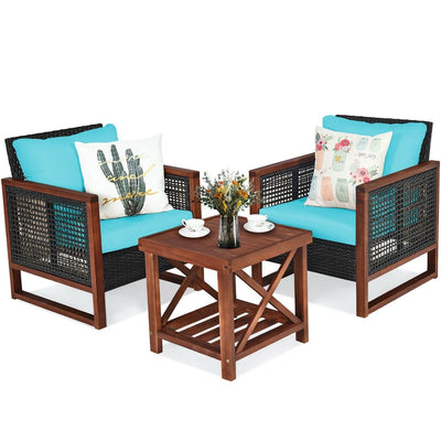 3 Pcs Patio Wicker Furniture Sofa Set with Wooden Frame and Cushion-Turquoise - Relaxacare