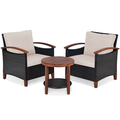 3 Pcs Solid Wood Frame Patio Rattan Furniture Set-Beige - Relaxacare