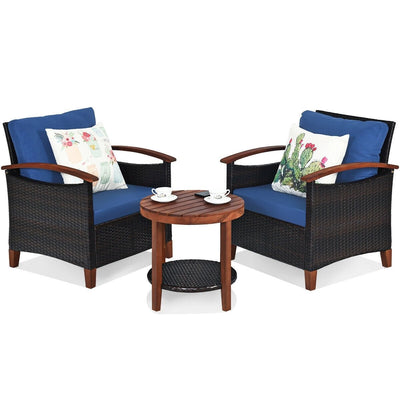 3 Pcs Solid Wood Frame Patio Rattan Furniture Set-Blue - Relaxacare