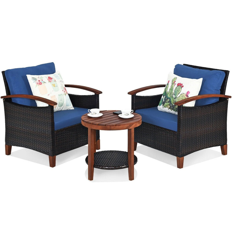 3 Pcs Solid Wood Frame Patio Rattan Furniture Set-Blue - Relaxacare