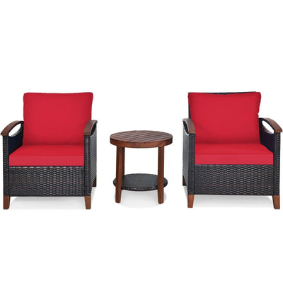 3 Pcs Solid Wood Frame Patio Rattan Furniture Set-Red - Relaxacare