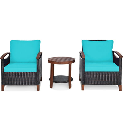 3 Pcs Solid Wood Frame Patio Rattan Furniture Set-Turquoise - Relaxacare