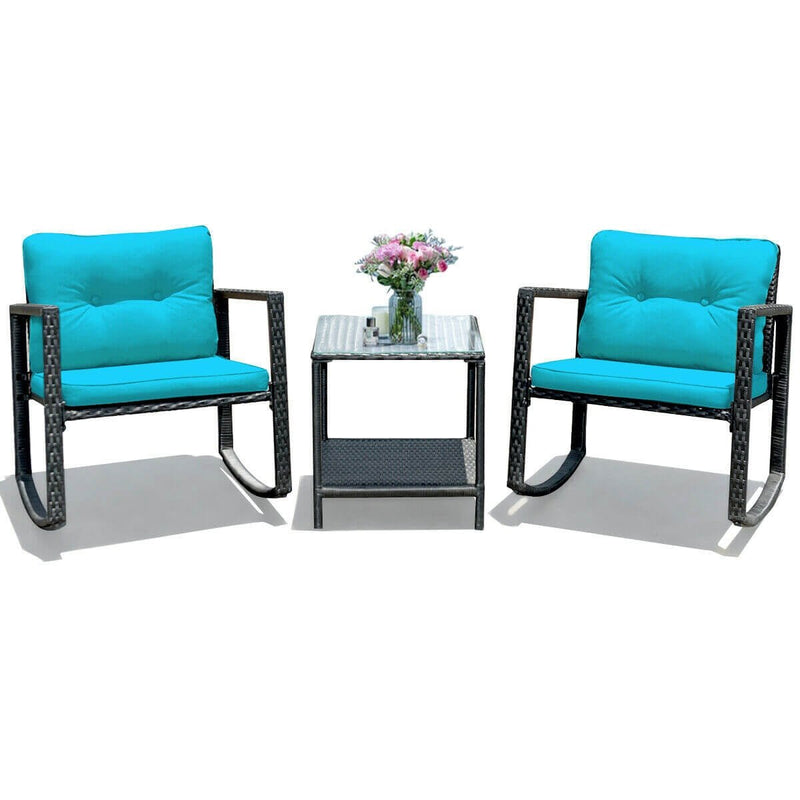 3 Pcs Wicker Rocking Bistro Set with Glass Coffee Table and Storage Shelf-Turquoise - Relaxacare