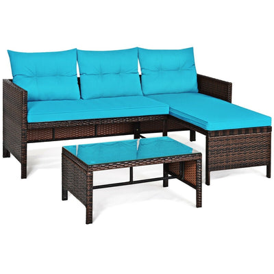 3 Piece Outdoor Patio Corner Rattan Sofa Set-Turquoise - Relaxacare