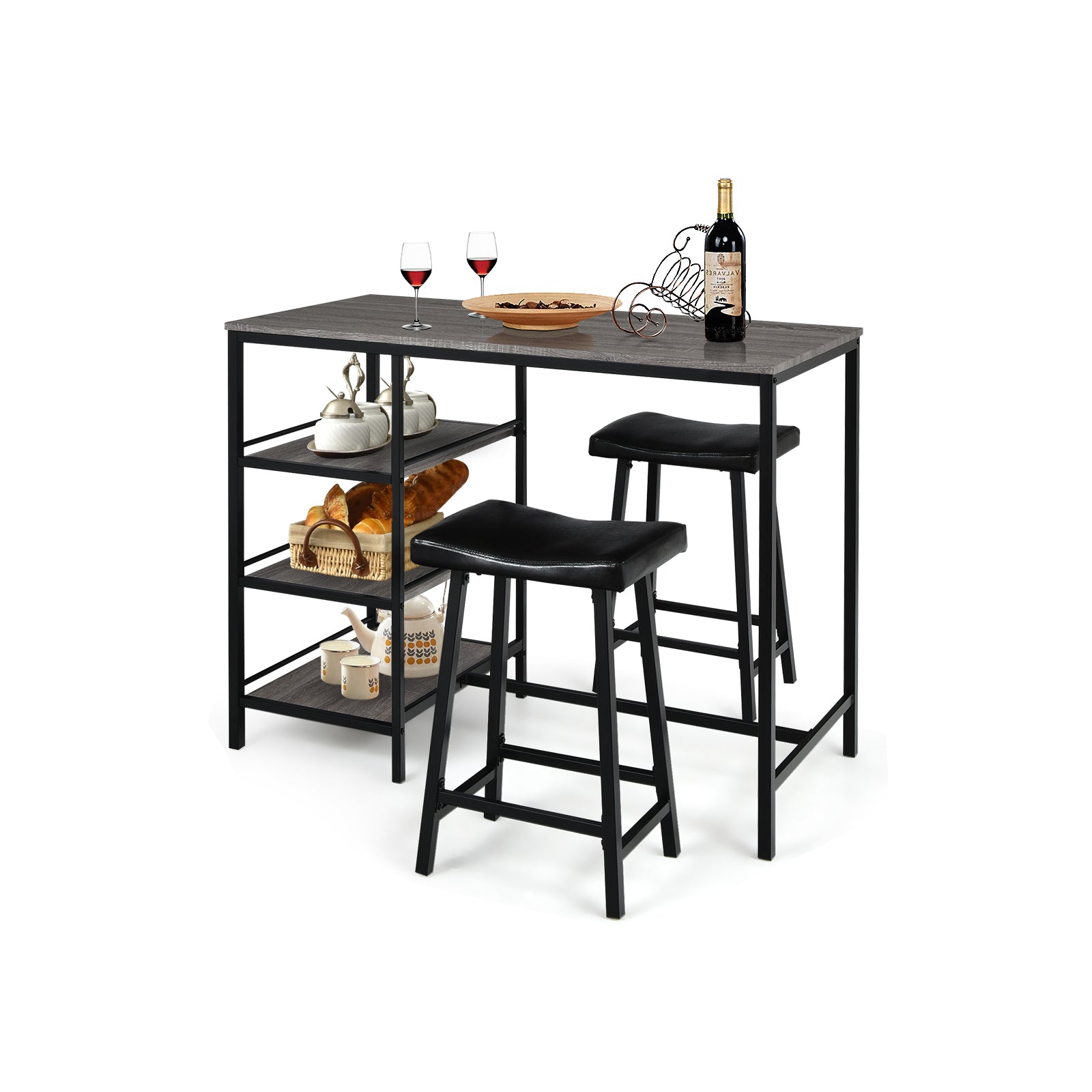 3 Pieces Counter Height Dining Bar Table Set with 2 Stools and 3 Stora
