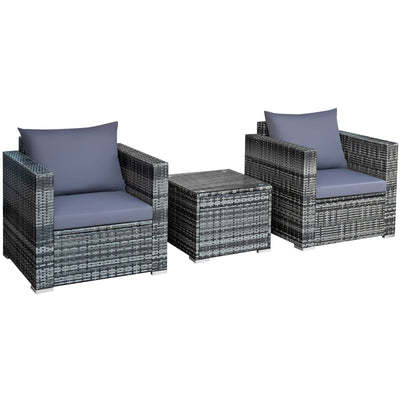 3 Pieces Patio Rattan Furniture Bistro Sofa Set with Cushioned-Gray - Relaxacare