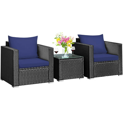 3 Pieces Patio Wicker Furniture Set with Cushion-Navy - Relaxacare