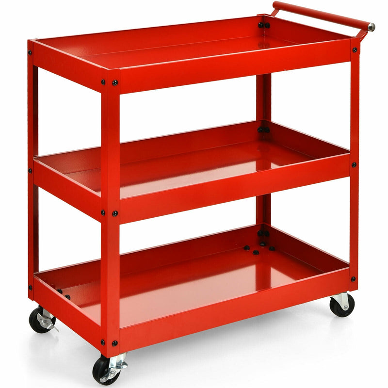 3-Tier Utility Cart Metal Mental Storage Service Trolley-Red - Relaxacare