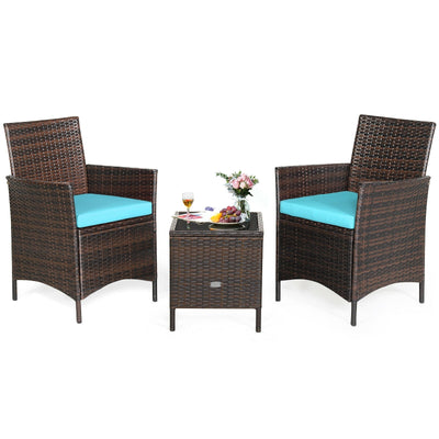 3Pcs Patio Rattan Furniture Set Cushioned Sofa and Glass Tabletop Deck-Blue - Relaxacare