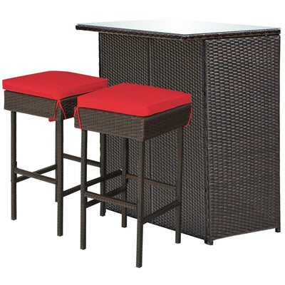 3PCS Patio Rattan Wicker Bar Table Stools Dining Set-Red - Relaxacare
