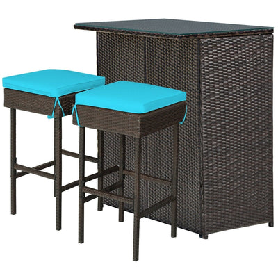 3PCS Patio Rattan Wicker Bar Table Stools Dining Set-Turquoise - Relaxacare