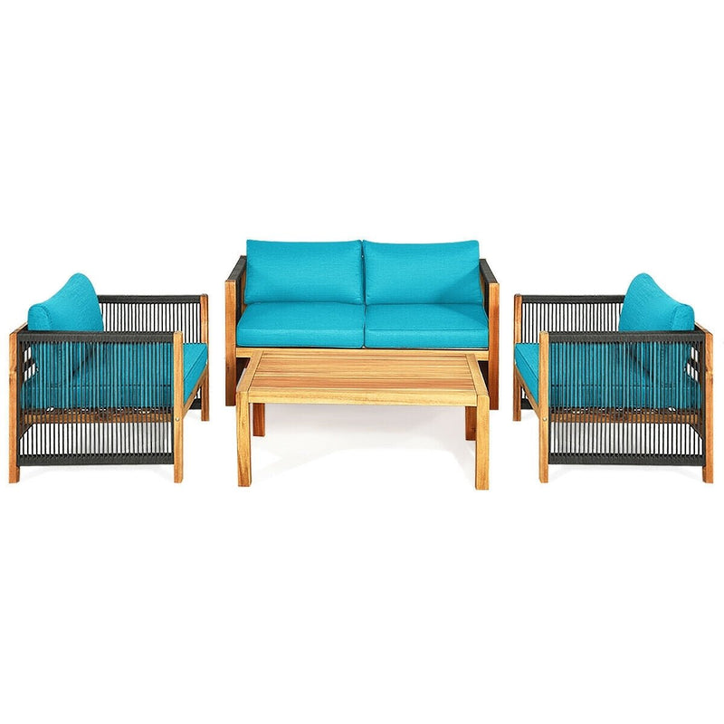 4 Pcs Acacia Wood Outdoor Patio Furniture Set with Cushions-Turquoise - Relaxacare