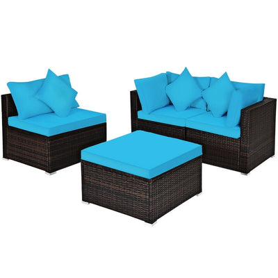 4 Pcs Ottoman Garden Deck Patio Rattan Wicker Furniture Set Cushioned Sofa-Turquoise - Relaxacare