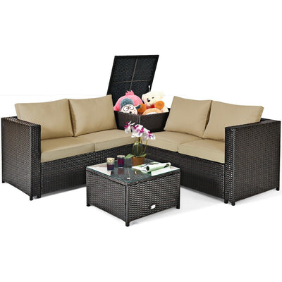 4 Pcs Outdoor Patio Rattan Furniture Set with Cushioned Loveseat and Storage Box-Brown - Relaxacare
