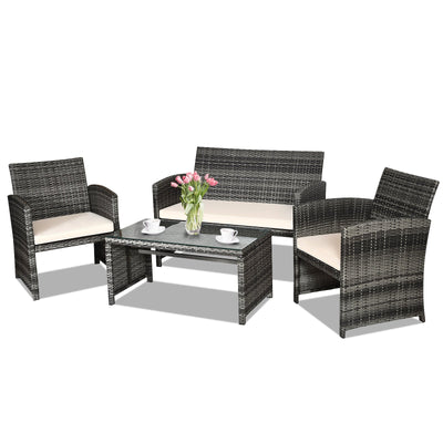 4 Pcs Patio Rattan Furniture Set Top Sofa With Glass Table-White - Relaxacare