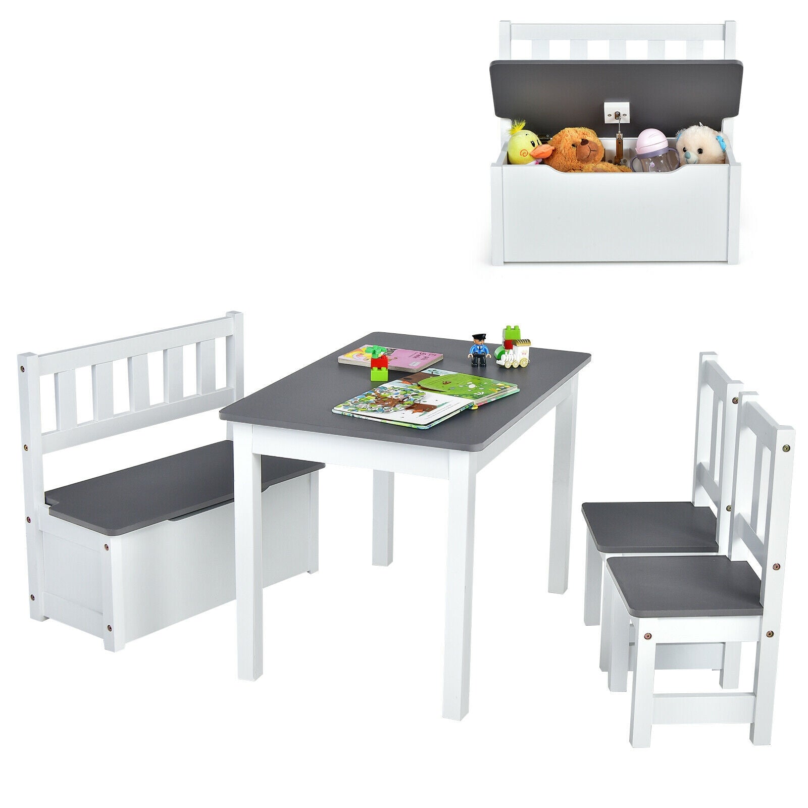 4 Pieces Kids Wooden Activity Table and Chairs Set with Storage Bench
