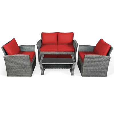 4 Pieces Patio Rattan Furniture Set Sofa Table with Storage Shelf Cushion-Red - Relaxacare