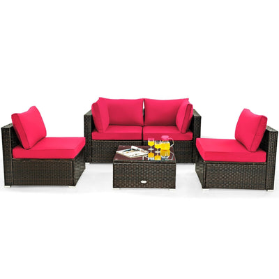 5 Pieces Cushioned Patio Rattan Furniture Set with Glass Table-Red - Relaxacare