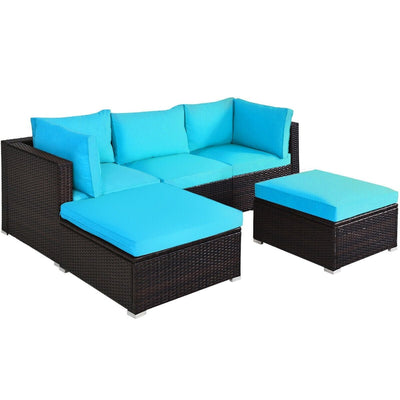 5 Pieces Patio Rattan Sectional Conversation Ottoman Furniture Set-Blue - Relaxacare