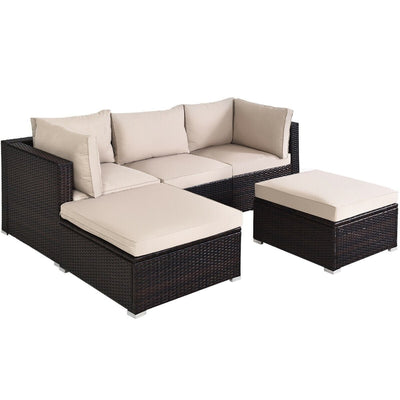 5 Pieces Patio Rattan Sofa Set with Cushion and Ottoman-Beige - Relaxacare