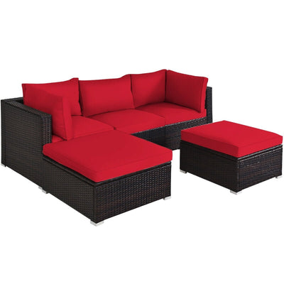 5 Pieces Patio Rattan Sofa Set with Cushion and Ottoman-Red - Relaxacare