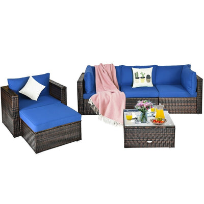 6 Pcs Patio Rattan Furniture Set with Sectional Cushion-Blue - Relaxacare