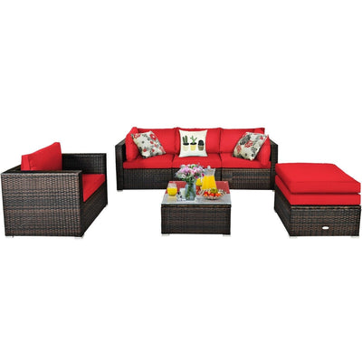 6 Pcs Patio Rattan Furniture Set with Sectional Cushion-Red - Relaxacare