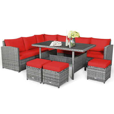 7 Pieces Patio Rattan Dining Furniture Sectional Sofa Set with Wicker Ottoman-Red - Relaxacare