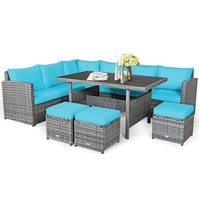 7 Pieces Patio Rattan Dining Furniture Sectional Sofa Set with Wicker Ottoman-Turquoise - Relaxacare
