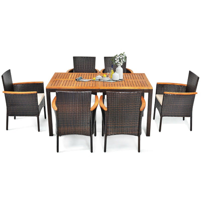 7 Pieces Patio Rattan Dining Set with Armrest Cushioned Chair and Wooden Tabletop - Relaxacare