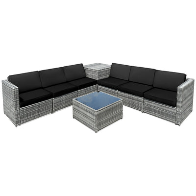 8 Piece Wicker Sofa Rattan Dinning Set Patio Furniture with Storage Table-Black - Relaxacare