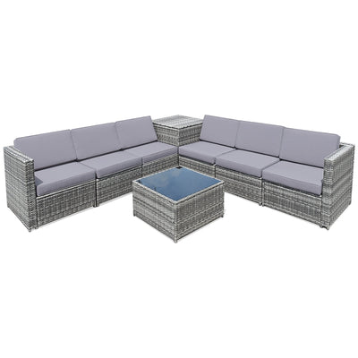 8 Piece Wicker Sofa Rattan Dinning Set Patio Furniture with Storage Table-Gray - Relaxacare