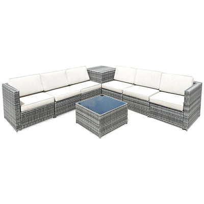 8 Piece Wicker Sofa Rattan Dinning Set Patio Furniture with Storage Table-White - Relaxacare