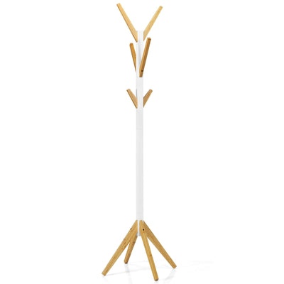 Bamboo Coat Rack Stand with 6 Hooks-White - Relaxacare